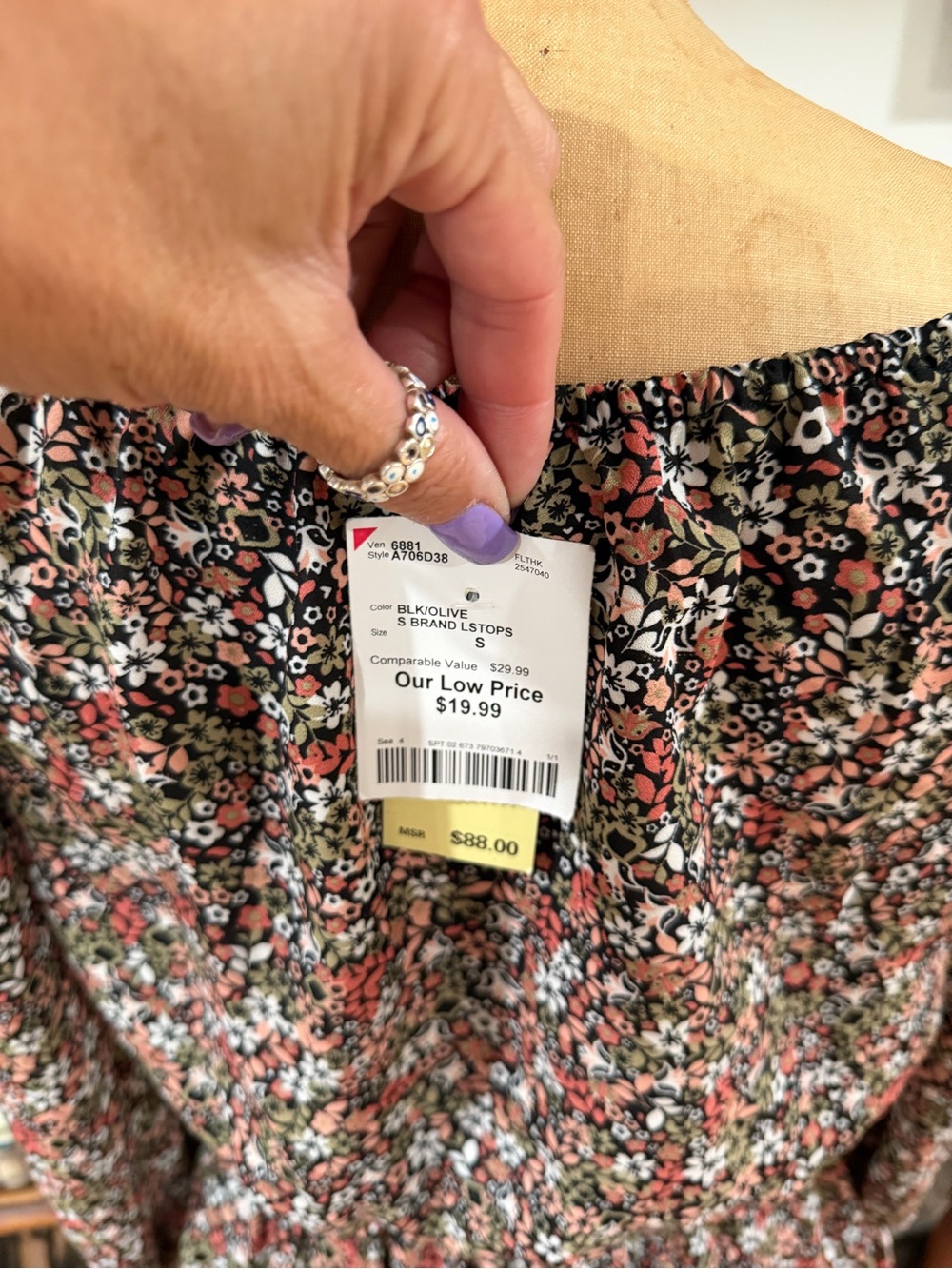 Max Edition Pink and Black Floral Smocked Waist Blouse - Picture 3 of 4